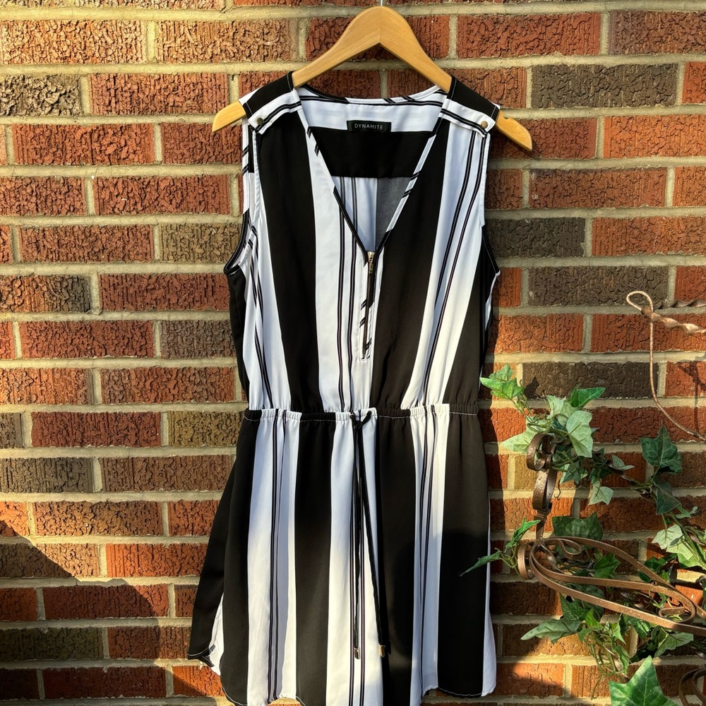 Dynamite Black and White. Striped V Neck Silver Zipper Sleeveless Dress